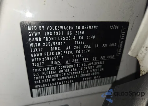 2010 Volkswagen Tiguan Se/Sel z USA, uszkodzony, nr VIN WVGBV7AX8AW515384